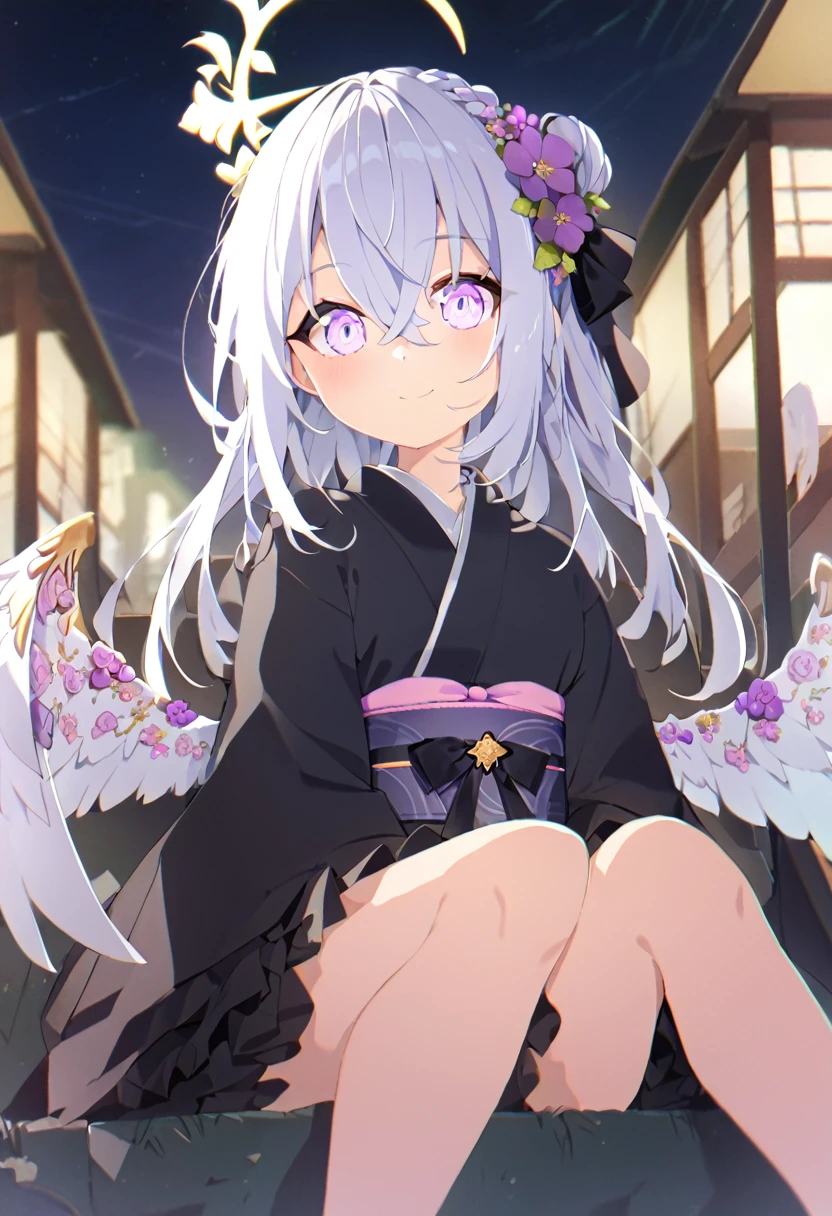 azusa \(blue archive\),1girl alternate_costume alternate_hairstyle angel_wings bench blurry braid braided_bun building depth_of_field feathered_wings flower hair_between_eyes hair_bun halo japanese_clothes kimono lamppost long_hair long_sleeves looking_at_viewer night night_sky obi obiage park park_bench purple_eyes sash sidelocks single_hair_bun sitting sky skyline skyscraper solo star_(sky) starry_sky stuffed_toy tree v_arms white_hair white_wings wide_sleeves wings yukata smile