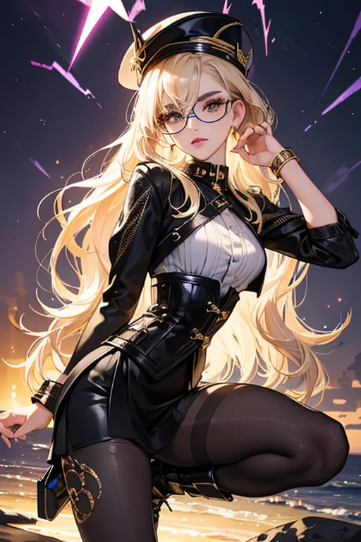 She has dark brown skin and brown eyes. Her lipstick is violet and she has a very light blush. Her glittering gold hair is worn in large Afro puffs, and she has short straightened bangs. Her hair is consisted of several brown and gold-blonde curls, worn with a glittery black and gold headscarf tied in the center. She wears a glittery gold tube top with a black jacket that has gold detail, and a black flared skirt with glittery gold ruffled trim, chain belt, and skinny vertical line print. She has gold cat-eye sunglasses and black platform boots with gold portions, resembling a bee's. SPARKLE; GLITTER
