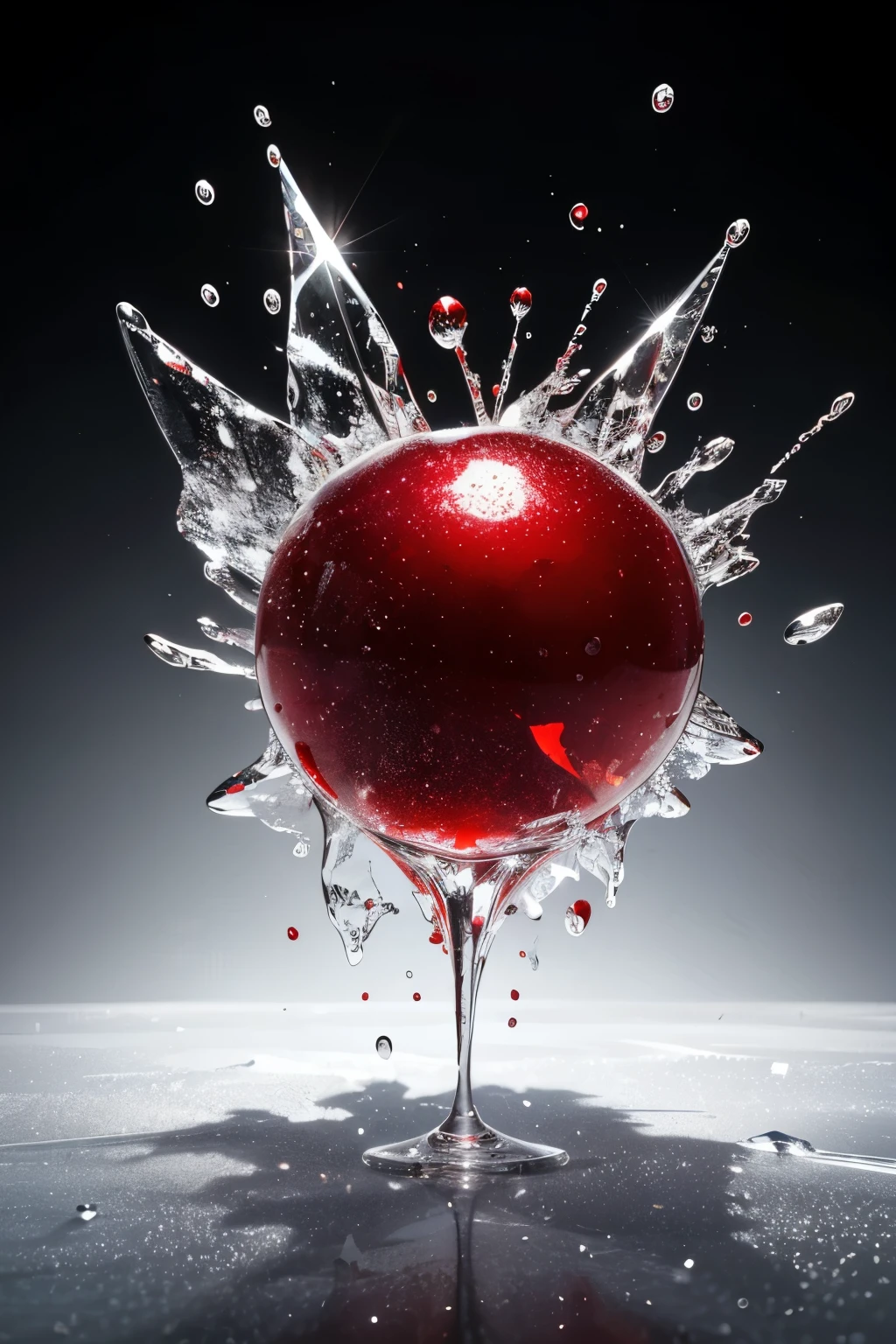 **A fresh and well-developed red cherry, falling on a sheet of shiny and transparent ice, splashes transparent ice in the form of shards, solid particles and particles, creating a dynamic visual symphony on a textured background, unique and magnificent work of art **
