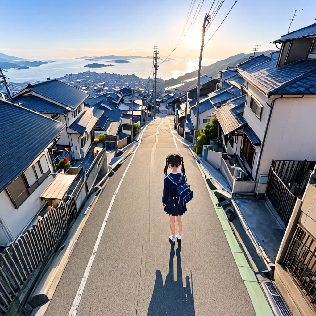 (best quality, ultra detailed, masterpiece:1.4), HD,
1girl, standing, gentle smile, 15yo,
(low twintails:1.4), low pigtails, black hair, long hair,
(navy blue sailor suit with blue ribbon:1.2), long sleeves, 
BREAK 
(dark brown eyes), (school bag on right shoulder), from front, from little above, alone, 
BREAK 
(sloped road, downhill, single street), Japan modern streets, prefectural road, residential area,
looking down the slope,
electric pole, electric cable, hill city,
cityscape, sea in the distance, nice view, afternoon, blue sky, orange sky, 
anime, high brightness,