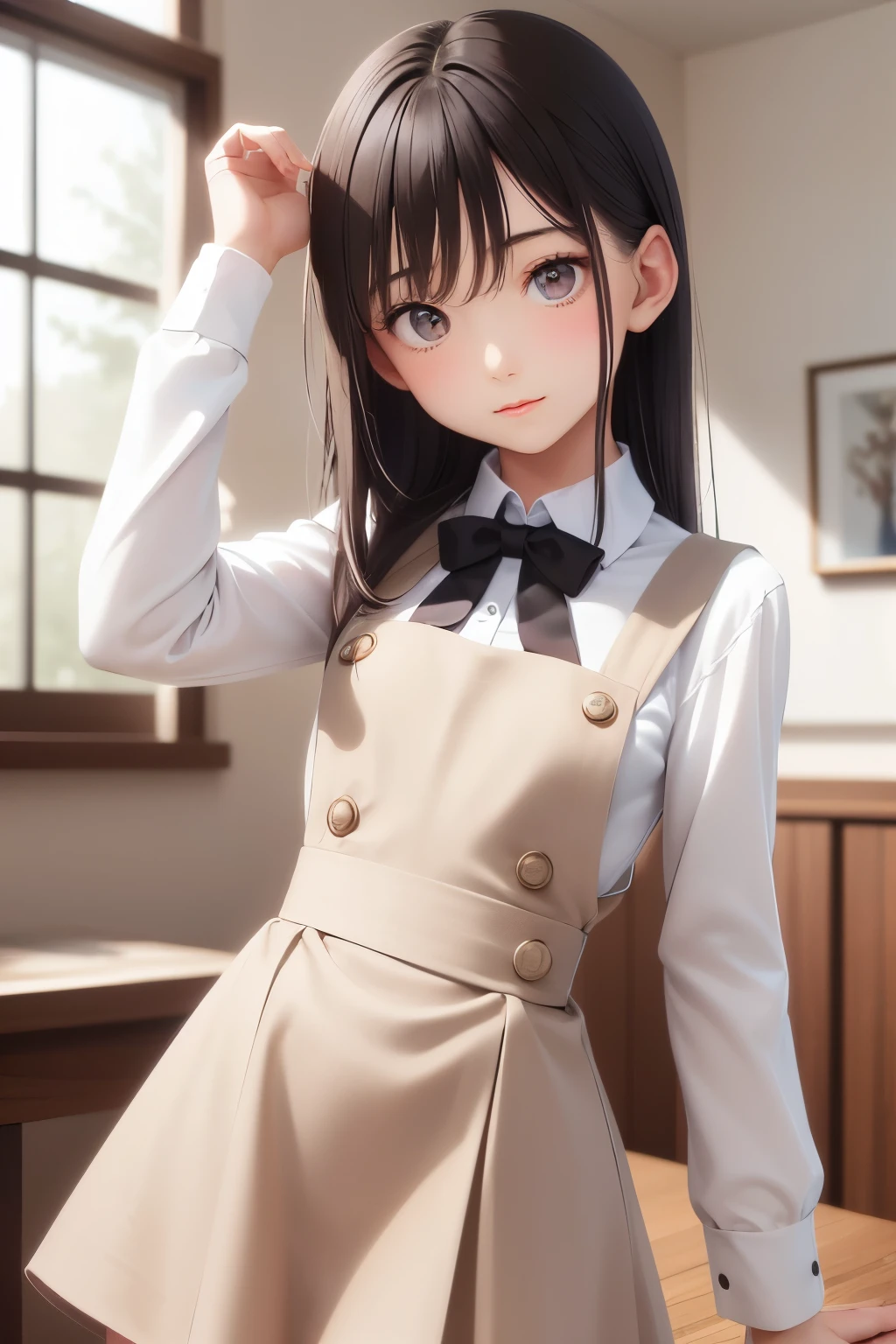 detailed face, cute face, ((masterpiece, Highest quality)), (One girl), (alone), (Focus on women), night (Chainsaw Man),(Highly detailed face, The real picture, Realistic white skin, Realistic body, Intricate details), Upper Body, Severe , Brown eyes, Looking at the audience, bandage over the body, Black Hair, Long sleeve shirt, Pinafore dress, Black tie, bandage, bandage, Small breasts