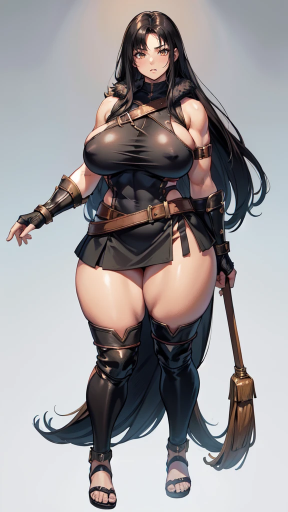 (masterpiece), best quality, female warrior, dark fantasy, huge girl, female muscular:1.2, straight hair, black hair, curvy, ((thick thighs:1.4)), (((blank background))), ((full body)), fingerless gloves, sandals, sleeveless, covered nipples, (underboobs:1.3), (straight hair), (fur leather skirt), (fur top) , leather armor