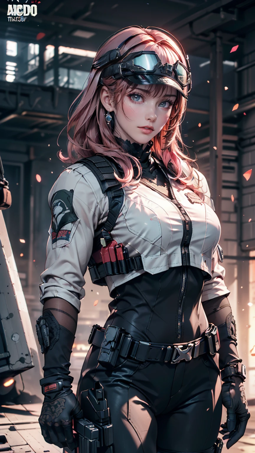 Metal Gear Solid Style, (detailed intricate full cover tactical helmet:1.3), (Pink Hair), Cowboy Shot, Dynamic pose, One girl, alone, Ray Tracing, (masterpiece), (Highest quality), (detailed), (detailed tactical gear:1.1), (Bulletproof vest:1.1), Combat pants, gloves, (Complex background:1.1),