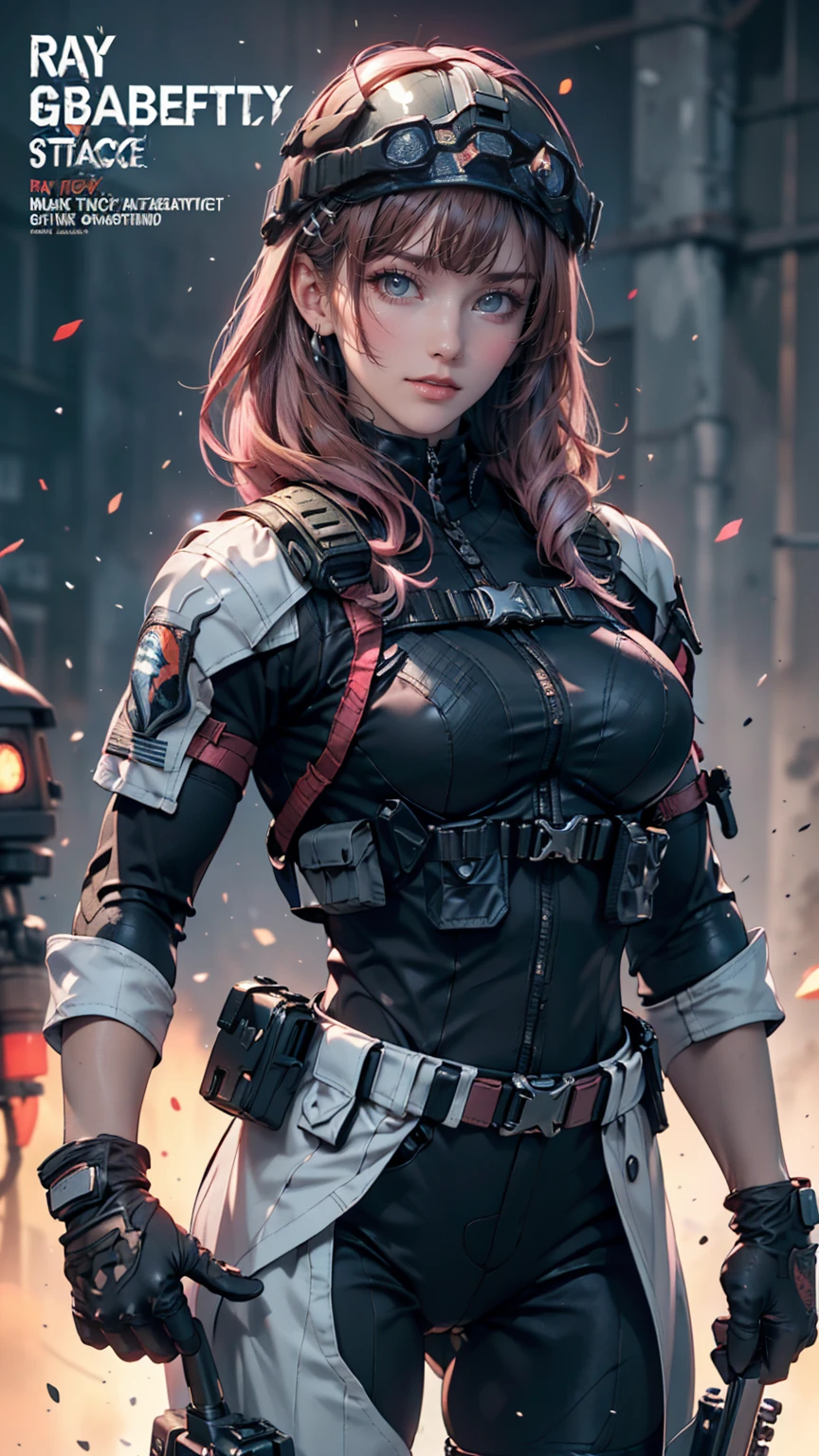 Metal Gear Solid Style, (detailed intricate full cover tactical helmet:1.3), (Pink Hair), Cowboy Shot, Dynamic pose, One girl, alone, Ray Tracing, (masterpiece), (Highest quality), (detailed), (detailed tactical gear:1.1), (Bulletproof vest:1.1), Combat pants, gloves, (Complex background:1.1),