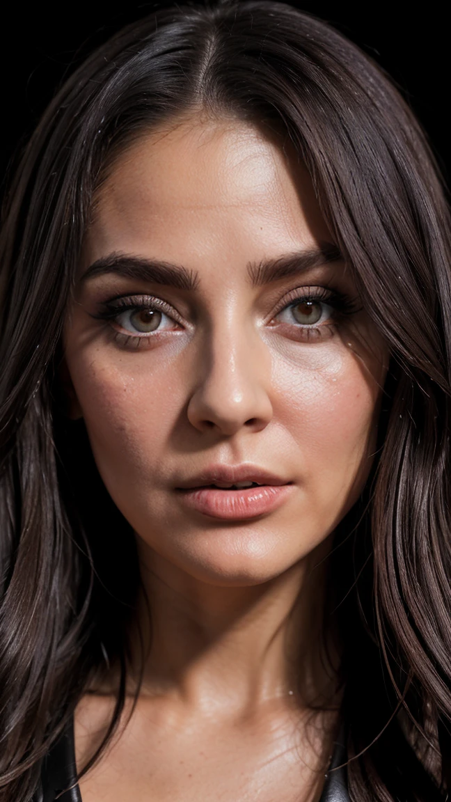 ((photorealistic))), photo, 32k, rd, (Ultra detailed face and eyes: 1.3), 1 fille, in an unbuttoned blouse, (Maquillage pour les yeux, mascara), long cils, (detailed labia majora), (Dark wavy hair), big heavy tits, (eye detail:1, 2), (ultra detailed leather: 1.3). photo session in a dark studio, (contour lighting), The play of light and&#39;shadows), shallow depth of field, bokeh. Ambiance chaleureuse du cadre. (Dull color scheme), (Belt photo), ((granularity)), dazzle, ultra-detailed