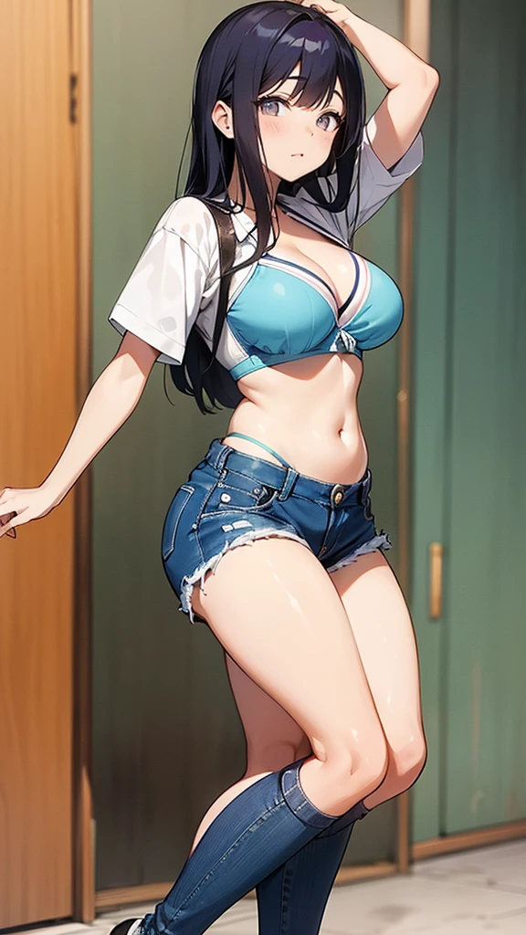 (hyuga Hinata, very sensual, with funk girl clothes, Brazilian, Rio de Janeiro, dancing funk, rolling, big-ass, legs thick, wearing tight jeans, with bra, belly out, No blouse, that&#39;s why, umbigo com pirsing, big hair, Speaker behind, very realistic, extremely sexy, 8K, 8K extremamente detalhado), (an extremely delicate and beautiful), (Masterpiece artwork), (best qualityer: 1.0), (ultra highres:1.0)