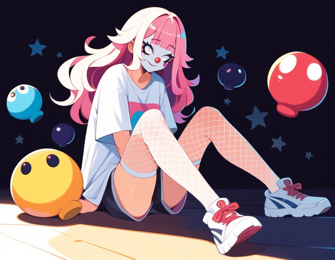 Girl with long hair and bangs with white eyes, clown-painted face, oversized t-shirt, white legs with fishnet stockings and white sneakers