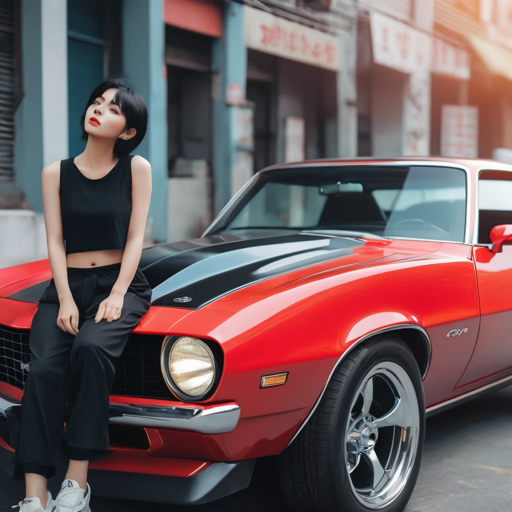 Car, black Camaro and red neon, leaning on the car, cinematic, Car background, exterior , mixed_artstyle, 1 girl, Alone, hands, Asian, short black sleeveless t-shirt, black pants, short black hair with red highlights, red eyes, 8K, textures, details,