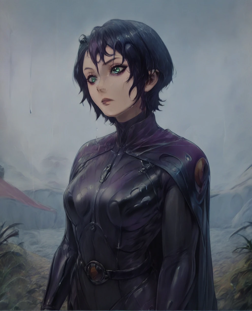score_9,score_8_up,score_7_up,score_6_up, Trilla,green eyes,black hair, upper body, wet, armor,gloves,black bodysuit,black cape,belt,rain, science fiction,sith base, star wars, outdoors, rain, solo,fflixbag
wearing armor
sabine wren