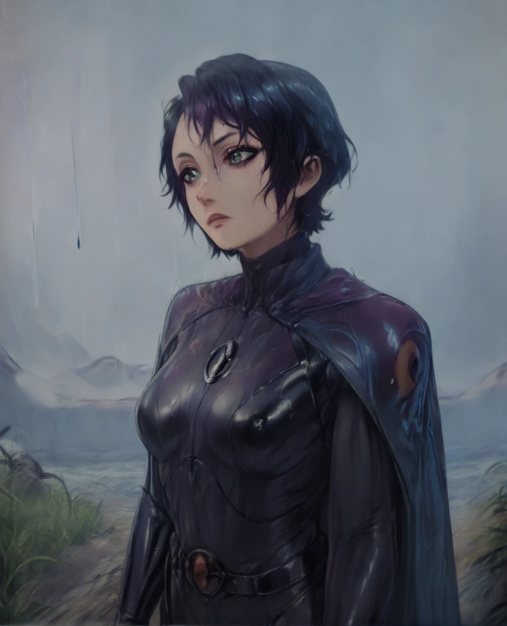 score_9,score_8_up,score_7_up,score_6_up, Trilla,green eyes,black hair, upper body, wet, armor,gloves,black bodysuit,black cape,belt,rain, science fiction,sith base, star wars, outdoors, rain, solo,fflixbag
wearing armor
sabine wren
