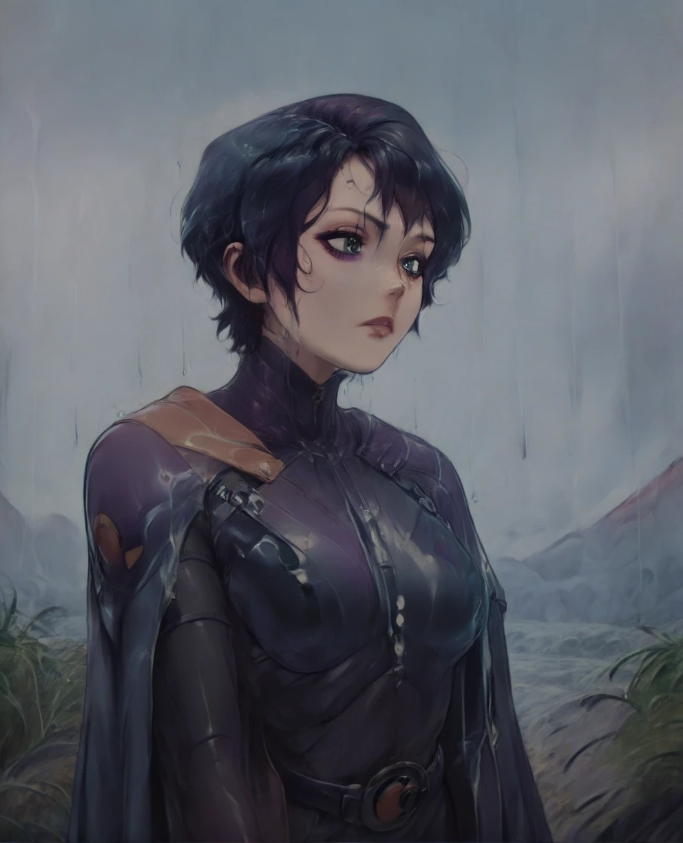 score_9,score_8_up,score_7_up,score_6_up, Trilla,green eyes,black hair, upper body, wet, armor,gloves,black bodysuit,black cape,belt,rain, science fiction,sith base, star wars, outdoors, rain, solo,fflixbag
wearing armor
sabine wren