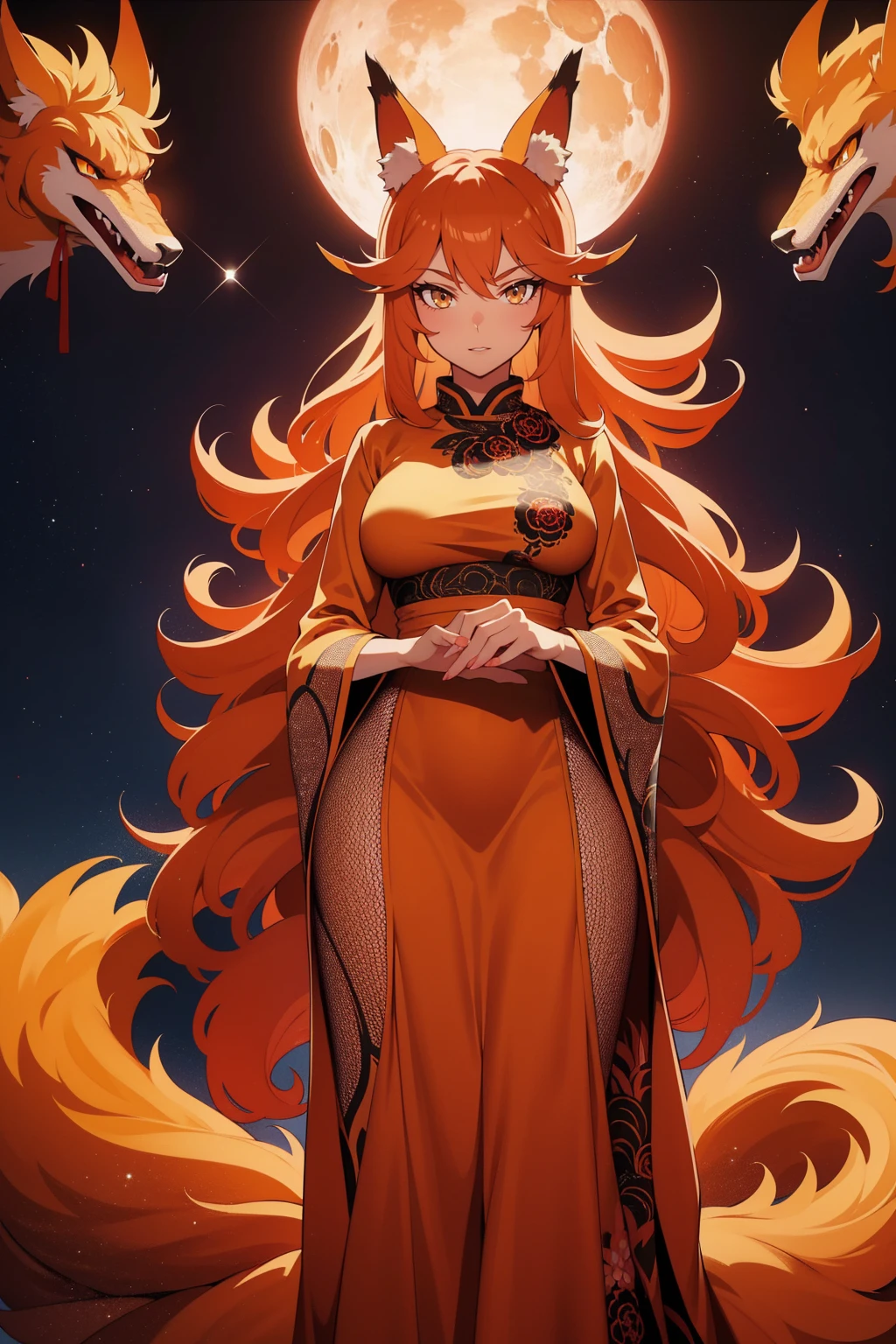 REALISTIC VISION 1.4, BETTER VAE,sharp focus, ultra detail, 32k,realistic photo, intricate details, kitsune, orange hair, oranfe eyes, intricate details ,woman, nine tails, intricate details,intricate details,big , Voluptuous body, intricate details, Miko, clothes long white dress with red details intricate details, tattoos intricate details, full body,  with a orange nine tails fox , kiuubi (kurama, naruto), angry face, 