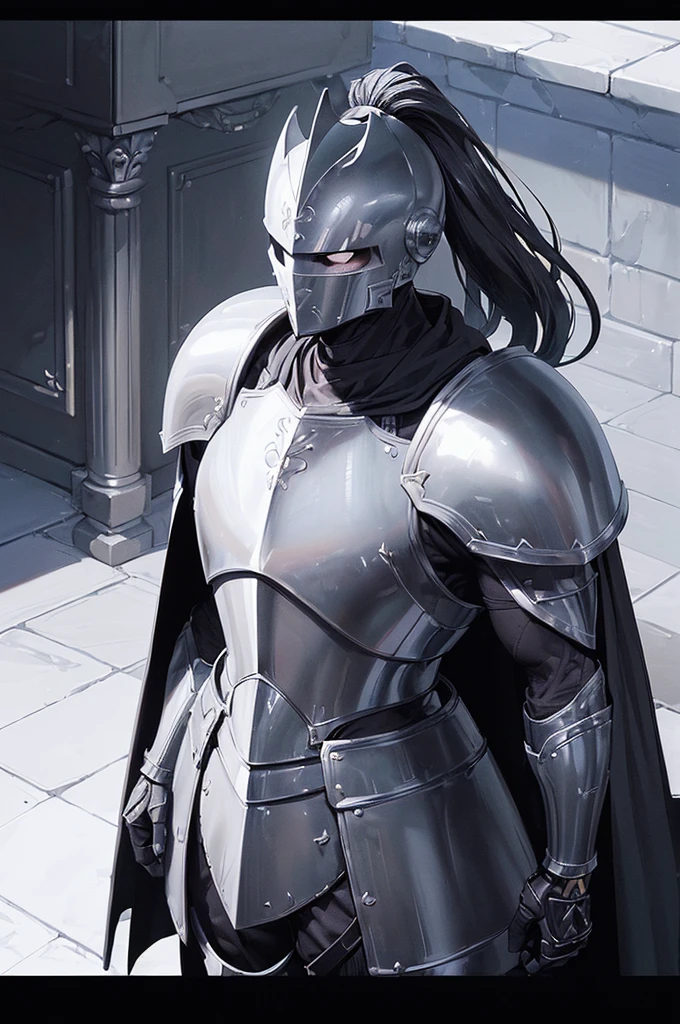 (masterpiece; best quality: 1.2), ((full armored knight man)), ((solo)), (black eyes: 1.4), (body; toned, lean, masculine: 1.3), (beautiful and clear background: 1.2), ((depth of field)), (equipment: full plate all-dark black-tungten realistic armor + closed helmet with ponytail + black cape: 1.3), (anime illustration: 1.2), (background composition; royal chambers + furniture: 1.1), (extremely fine and handsome: 1.1), (shot composition; standing + centered on torso + close-up: 1.5)