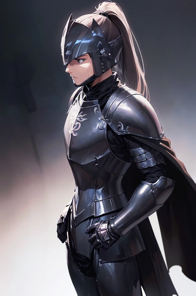 (masterpiece; best quality: 1.2), ((full armored knight man)), ((solo)), (black eyes: 1.4), (body; toned, lean, masculine: 1.3), (beautiful and clear background: 1.2), ((depth of field)), (equipment: full plate all-dark black-tungten realistic armor + closed helmet with ponytail + black cape: 1.3), (anime illustration: 1.2), (background composition; royal chambers + furniture: 1.1), (extremely fine and handsome: 1.1), (shot composition; standing + centered on torso + close-up: 1.5)
