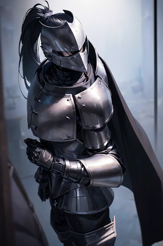 (masterpiece; best quality: 1.2), ((full armored knight man)), ((solo)), (black eyes: 1.4), (body; toned, lean, masculine: 1.3), (beautiful and clear background: 1.2), ((depth of field)), (equipment: full plate all-dark black-tungten realistic armor + closed helmet with ponytail + black cape: 1.3), (anime illustration: 1.2), (background composition; royal chambers + furniture: 1.1), (extremely fine and handsome: 1.1), (shot composition; standing + centered on torso + close-up: 1.5)