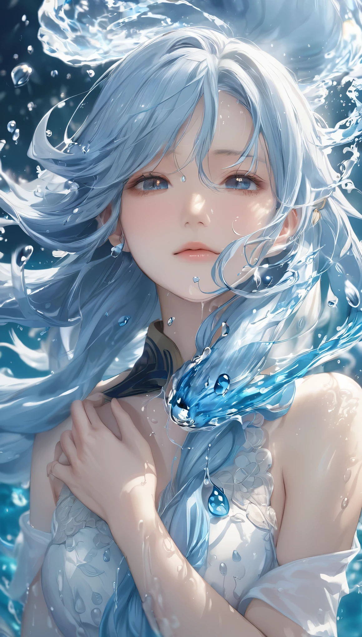 One girl, Female Water Spirit, Light blue hair, Internal spring water, Put a few drops of water on your skin,