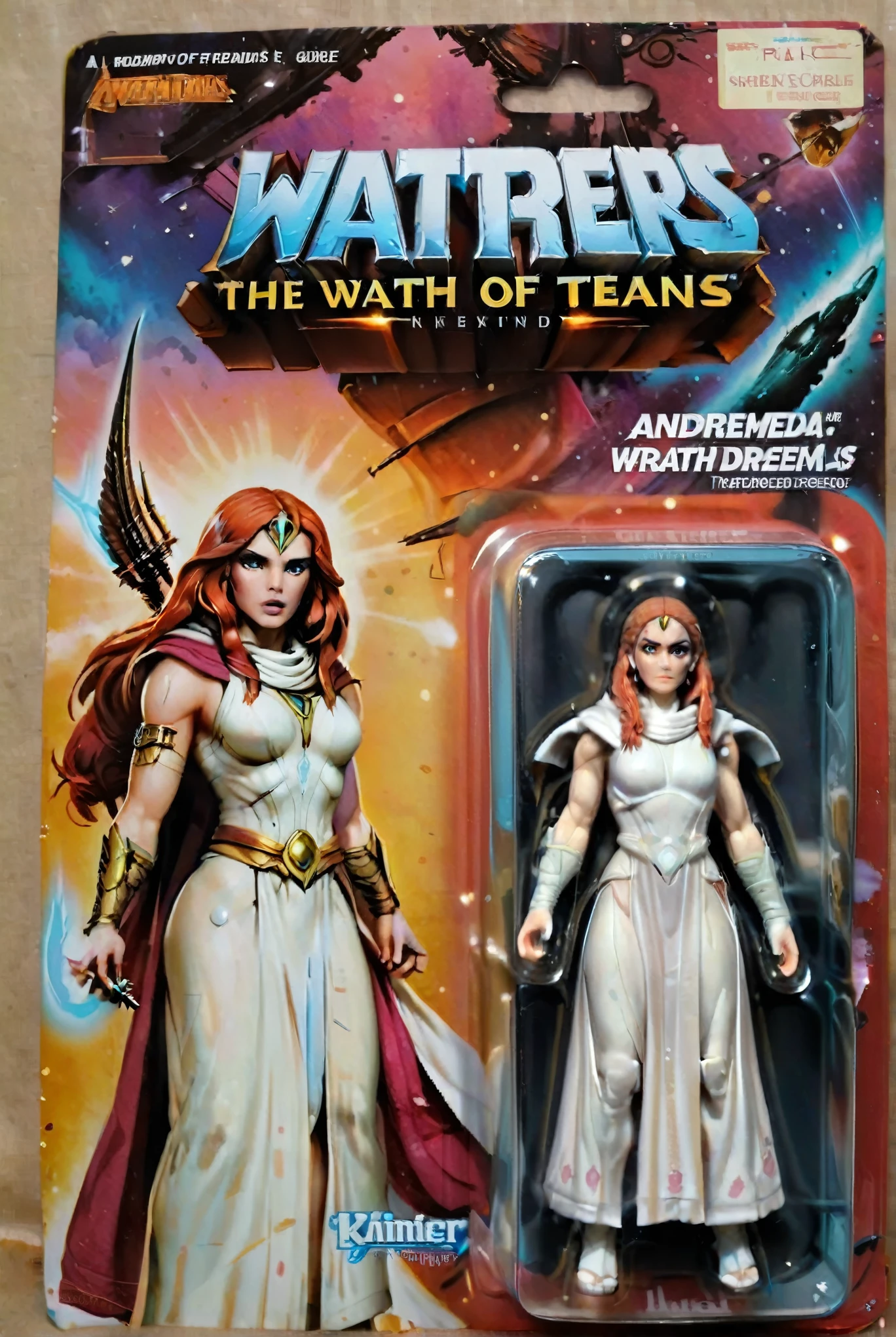 a toy figure of Andromeda from a movie Wrath of Titans, wearing white long robe, package illustration the title "Wrath of Titans ANDROMEDA", illustration large greek style temple on package