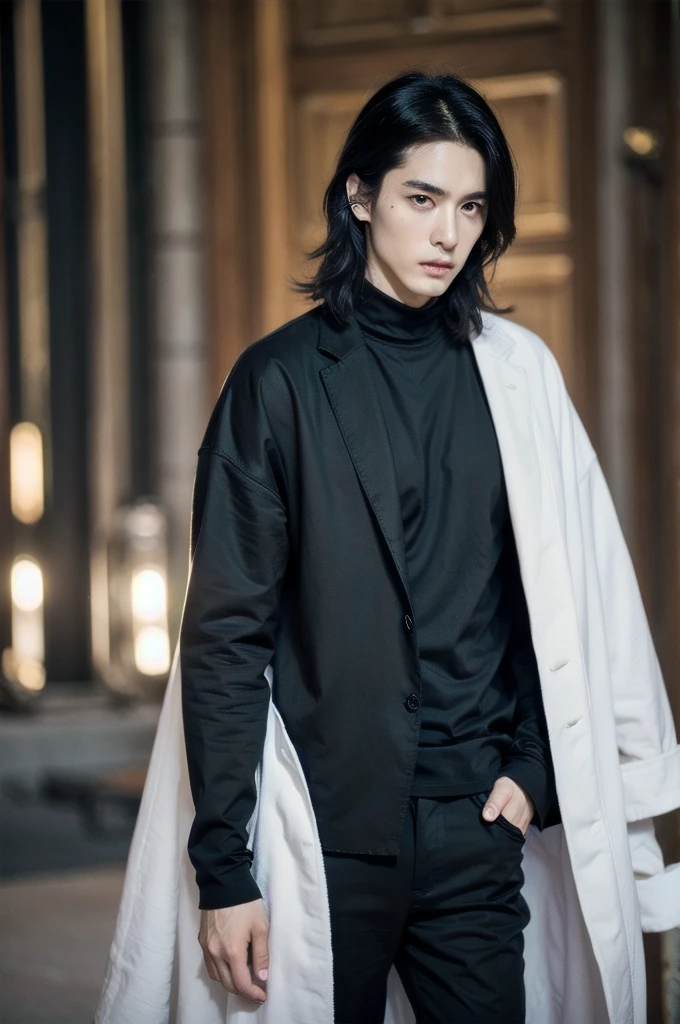 1 man, 25 years, Handsome guy, marked features, messy hair black as night a white lock with the back of an ermine, soft white skin, serious face, detailed, Best Quality, sexy, Heterosexual, eyes black as night, wear black pants a black shirt, Best Quality, Very handsome