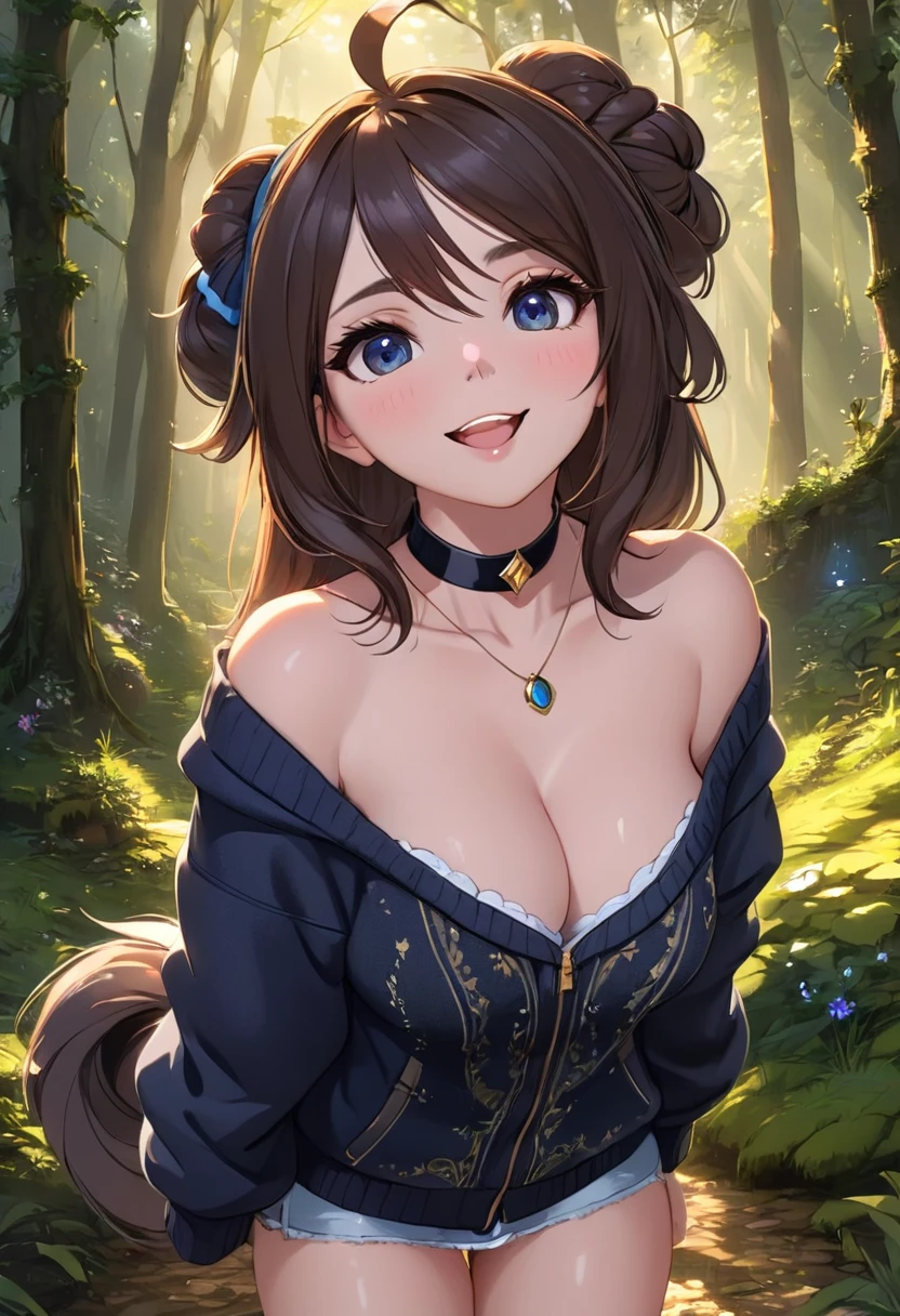 masterpiece, best quality, highly detailed, 1girl, solo, twintails, off-shoulder sweater, choker, jacket, hairband, looking at viewer, smile, blush, Wide Smile, Eyes Detailed & Wide, sexy Pose. Ultra HD, Rococo-Inspired Fantasy Art With Intricate Details. Cute, Charming Expression, Alluring-Gaze, looking at viewer Beautiful Eyes, An-Ideal-Figure. Large Youthful Well-Shaped-Breasts, Massive-Round-Bosom, Décolletage. slim waist, fit body, full lipsWarm lights , woman in a dreamy forest at night, with fluffy hair, delicate face, realistic, real, slim, large aperture, sexy shots, attractive poses,Stunnin gly beautiful merge of Scarlett Johanson. Alison Brie, Selena Gomez. symmetrical face, photorealistic, photography, path tracing, specular lighting, volumetric face light, path traced hairmaximum quality{(masutepiece) (8K High Resolution) (top-quality) In the style of breath of the wild.
