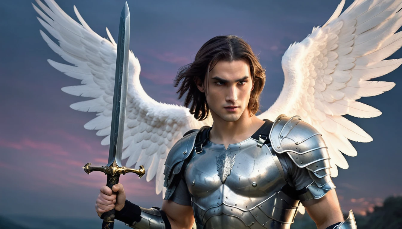 Create an evocative and poignant image of Saint Michael the Archangel, showing him with an emotional and solemn expression. Depict him as a majestic warrior angel with large, powerful wings and armor that shows visible marks of battle, including scratches and dents. His face should reflect a mixture of determination and empathy, conveying the weight of his battles. One hand can be holding a glowing sword, while the other rests on his chest or by his side. The background should be a somber, twilight scene with a soft, ethereal light highlighting his figure, suggesting a moment of reflection after a hard-fought battle. Use a muted color palette with subtle contrasts to enhance the emotional depth of the image