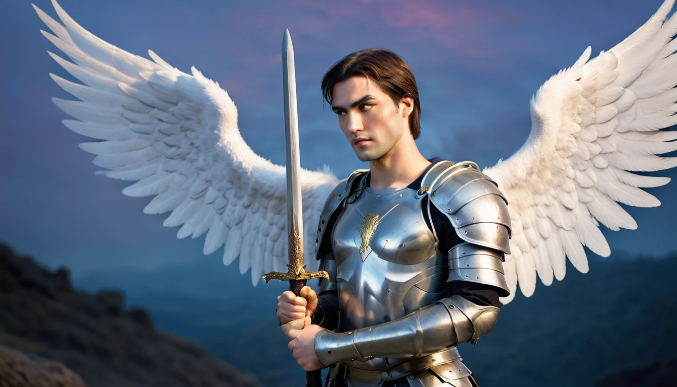 Create an evocative and poignant image of Saint Michael the Archangel, showing him with an emotional and solemn expression. Depict him as a majestic warrior angel with large, powerful wings and armor that shows visible marks of battle, including scratches and dents. His face should reflect a mixture of determination and empathy, conveying the weight of his battles. One hand can be holding a glowing sword, while the other rests on his chest or by his side. The background should be a somber, twilight scene with a soft, ethereal light highlighting his figure, suggesting a moment of reflection after a hard-fought battle. Use a muted color palette with subtle contrasts to enhance the emotional depth of the image