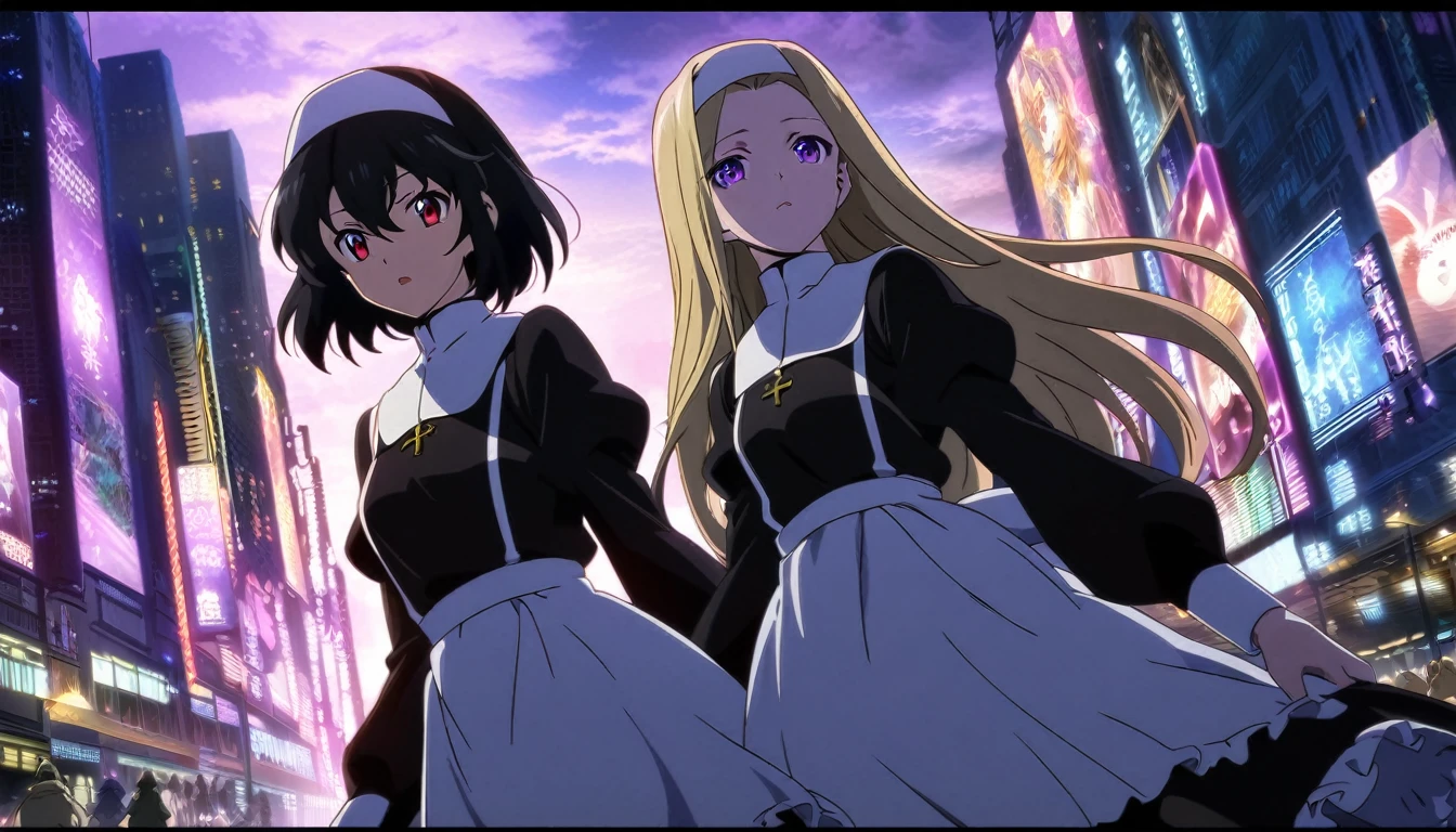 Two girls. The first is a nun with blonde long hair and scary red eyes. The second is next to her and is a maid with purple eyes and long, straight black hair. The background is a city with purple lights. Anime Art Style.
