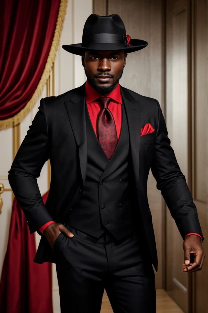A mysterious man of African origin, with dark skin and striking features. He wears a black hat with a red ribbon around it, no ties, which adds an enigmatic touch to his appearance. His eyes are penetrating and full of mystery, capable of captivating and intimidating at the same time. His smile is sinister and cynical, revealing a complex and intriguing personality.

He is dressed in a well-fitting black suit, which highlights his elegant and imposing figure. Underneath his suit, he wears a vibrant red shirt, which contrasts sharply with the black of his suit, giving him a bold air. In the suit pocket, there is a carefully folded red handkerchief, complementing the ensemble with a touch of sophistication.

His posture is erect and confident, exuding authority and mystery. He is a man who turns heads wherever he goes, leaving a lasting impression on everyone who meets him.
