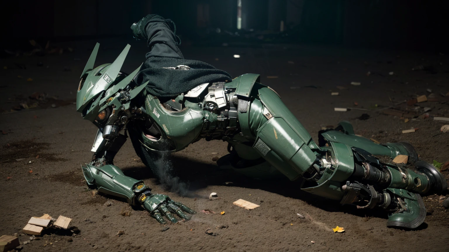 Textured skin, Very detailed, Attention to detail, high quality, 最high quality, High resolution, 1080P, hard disk, beautiful,(bare hands),beautiful cyborg middle aged woman,Mecha Cyborg Girl,(Dark green armor)((Major damage)),Woman with a mechanical body、She is wearing a futuristic combat weapon mecha,Full Body Shot、Soot on the face、bitter々Shii Expression、it hurts、Excessive sweat on the face、cute、gas mask、Lying on the ground、(Very cracked outfit)(Smoke from the whole body)、appear、Full of slander.、My whole body was injured.、Smoke comes from the whole body、Spread your legs、Collapse(Headgear split in half)、(fall face down on the ground) (Debris scattered everywhere)