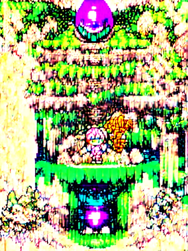 Imaginary creature, friendly and energetic, with a light cream color, a large head in proportion to the body, V-shaped ears pointing upwards with a bright orange exterior and a cream interior, large and expressive green eyes with a sparkle reflecting joy and determination, pink hair, and slightly rosy cheeks, displaying a friendly and energetic expression.
