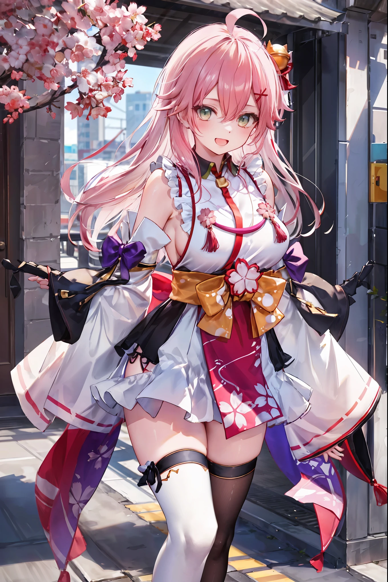 masterpiece, best quality, highres, miko1, sakura_miko, 1girl, big_boobs, solo, ahoge, x_hair_ornament, pink_hair, floral print, hairclip,(side_less_clothes:1.5), (side_boobs:1.5), hair_bell, floral print, long_hair, hair between eyes, one side up, white thighhighs, asymmetrical legwear, wide sleeves, open_mouth,(happy:1.3),gleen_eyes,big_smile,(rise_leg:1.3),plump,apart_legs,(overly_long_sleeves:1.3),),sleeves_past_wrists,hands_hidden_sleeves,sidelock_clothes,dynamic_posing,solo,hidden_wrists,(XD:1.4),covered_nipples,sunlight,cherryblossom_background,
