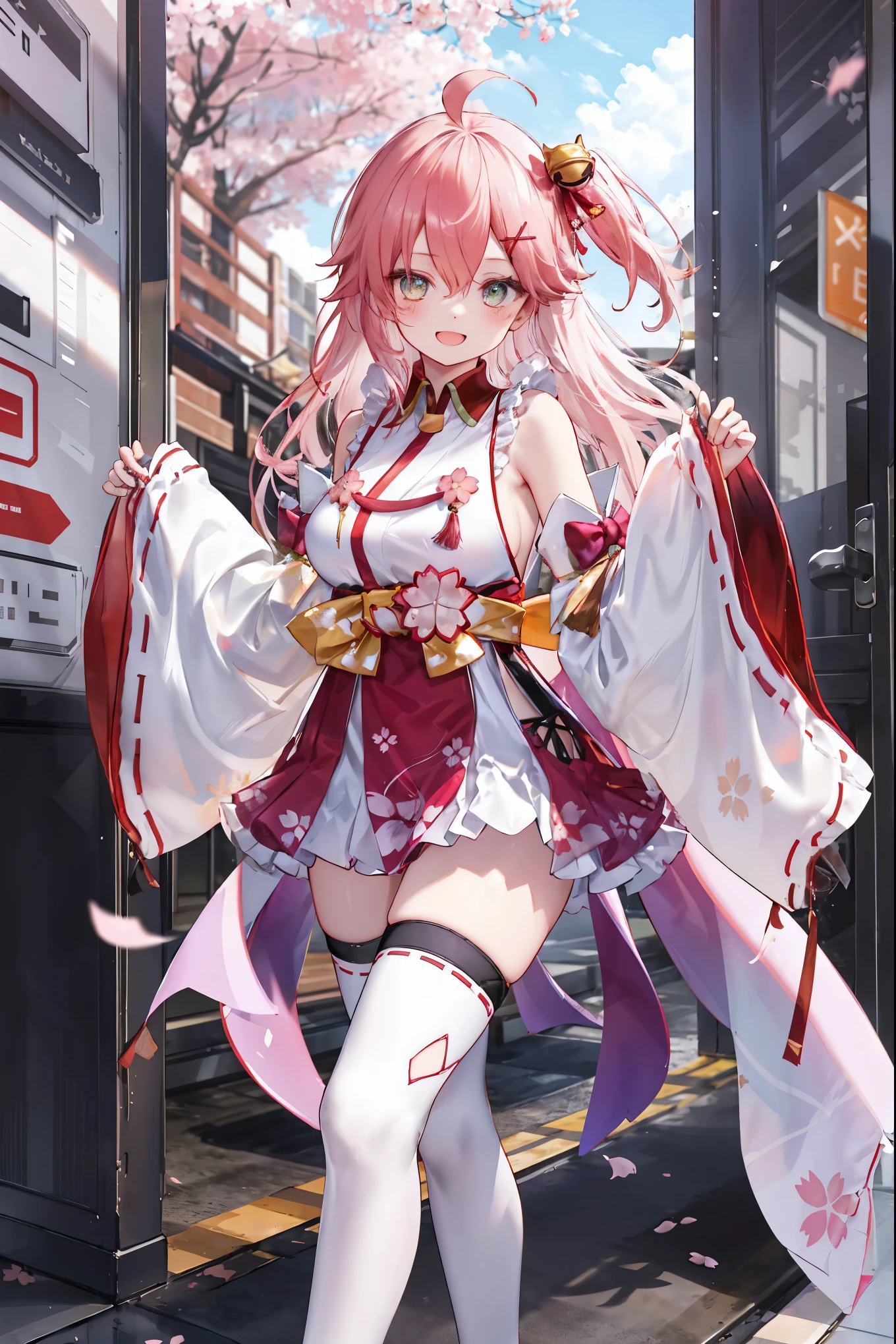 masterpiece, best quality, highres, miko1, sakura_miko, 1girl, big_boobs, solo, ahoge, x_hair_ornament, pink_hair, floral print, hairclip,(side_less_clothes:1.5), (side_boobs:1.5), hair_bell, floral print, long_hair, hair between eyes, one side up, white thighhighs, asymmetrical legwear, wide sleeves, open_mouth,(happy:1.3),gleen_eyes,big_smile,(rise_leg:1.3),plump,apart_legs,(overly_long_sleeves:1.3),),sleeves_past_wrists,hands_hidden_sleeves,sidelock_clothes,dynamic_posing,solo,hidden_wrists,(XD:1.4),covered_nipples,sunlight,cherryblossom_background,