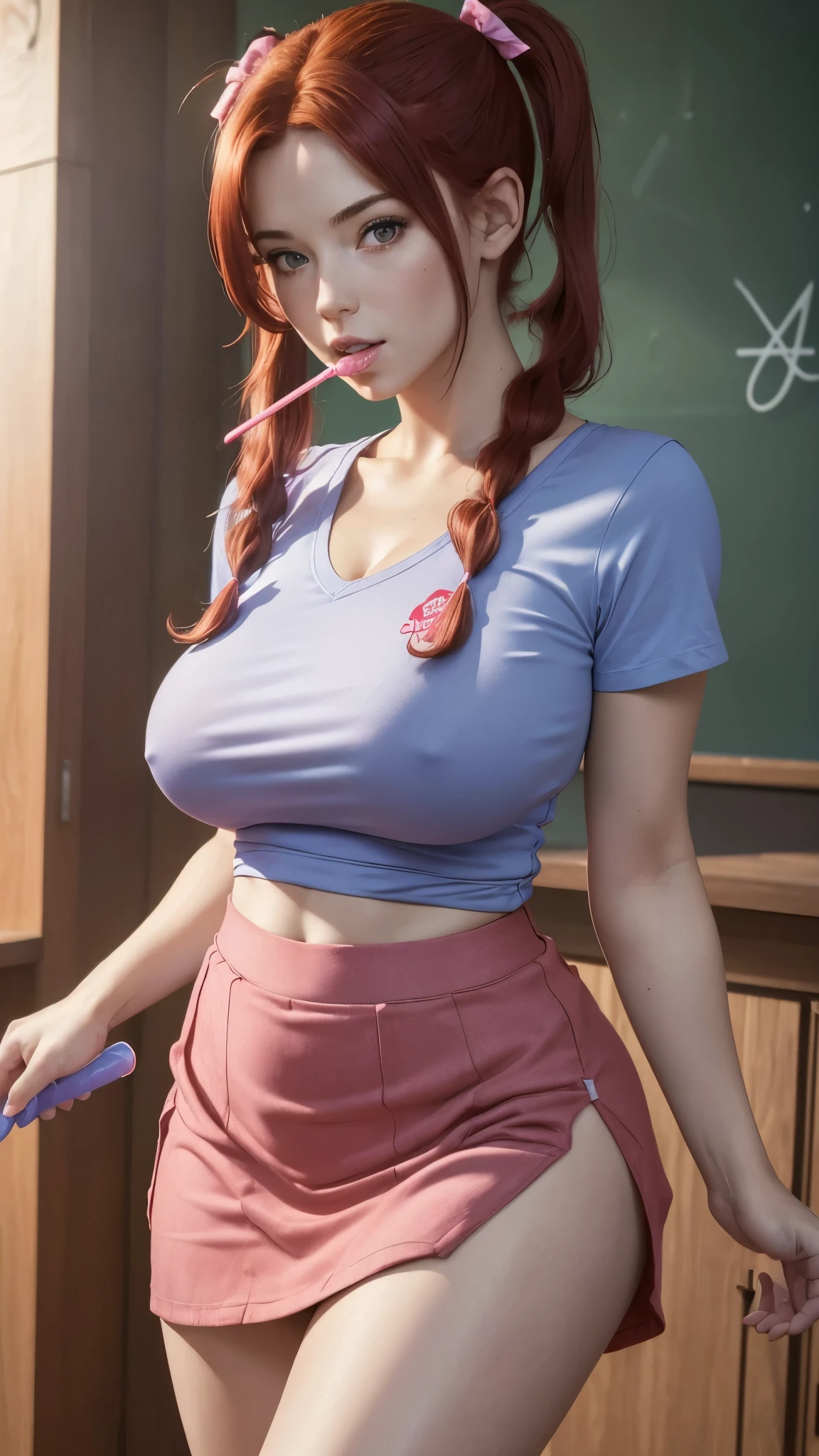 (best quality,4k,highres,masterpiece:1.2),ultra-detailed,(realistic,photorealistic:1.37),woman brunette,red hair and pigtails,blue shirt,pink school miniskirt,sucking a lollipop,well-endowed,well-proportioned legs,NSFW,incredibly attractive,busty,big ass,big