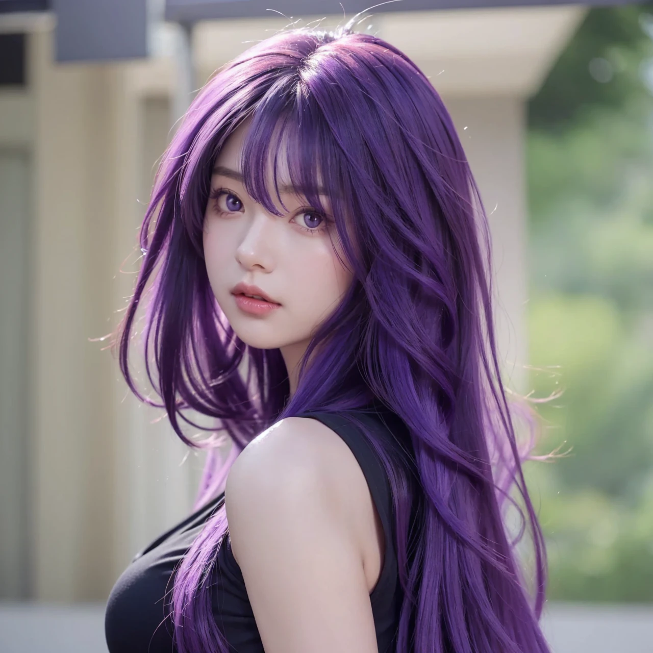 1girl with long hair and black dress standing in front of a door, anime girl wearing a black crop top, (Light purple hair), (Long hair), fair skin, purple eyes, pretty face, big breasts, cute face see-through bangs, (((Perfect))), Thin face