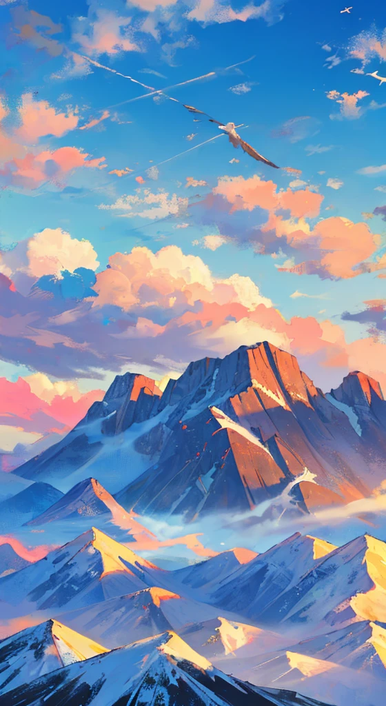((Rolling mountains)),Sunlight,Eagles fly,Clouds