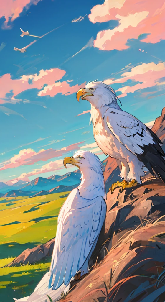 ((Rolling mountains)),Sunlight,Eagles fly,Clouds
