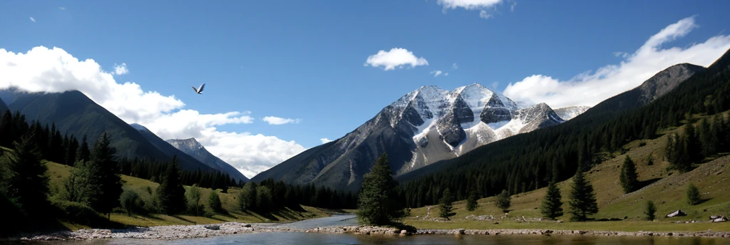 Landscape with mountains, stream, pine trees and cloudsThree Indian women, one 18 years old, one 25 years old and another 35 years old. Although their faces are not clearly visible, it is clear that they have been released from long imprisonment. They look back at the mountain. There is a mountain in front and birds are flying around that mountain.