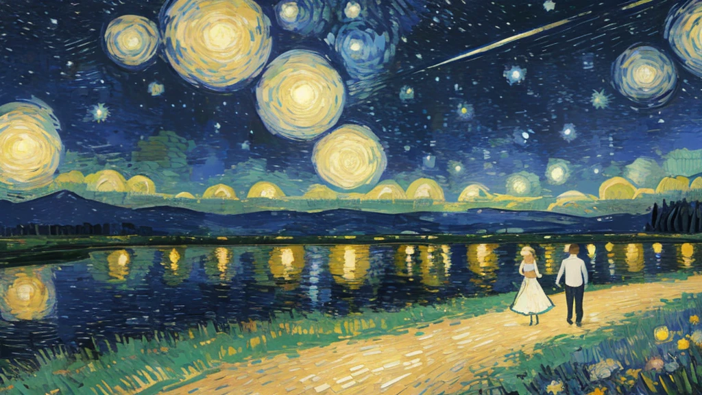 a couple walks in van gogh's painting starry night