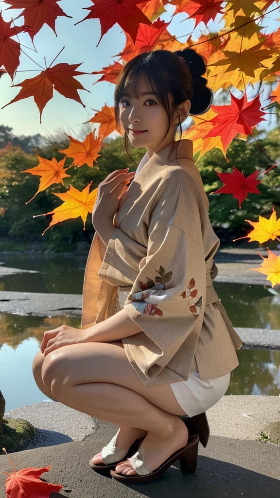 (Photorealistic:1.4), (Top image quality:1.0), (超High resolution:1.0), 8K, Raw photography, (masterpiece:0.2), (Purelos Face_v1:0.5)、(最高quality Detail:1.2)、Realisticな、8K UHD、High resolution、(One Girl:1.2)、超detailedな、High quality textures、Intricate details、detailed、非常にdetailedなCG、High quality shadows、Beautiful and perfect face、detailed 美しく繊細な目、Depth of written boundary、Ray Tracing,One Girl, Japanese girl, cute, kimono、Floral scrunchie, Beautiful Skin, I see your beautiful legs、squat、Put your hands together gracefully,The land of Japan smiling faintly,Japanese garden,Luxurious Japanese-style room, (Row of maple trees:1.2), ((Autumn leaves landscape:1.3)), Sky Porn, Magic Hour, (Realistic:1.3), 細かくdetailedに, quality, (Tabletop:1.2), (Realistic:1.2), (最高quality), (Intricate details), dramatic, Ray Tracing, photograph, +roller