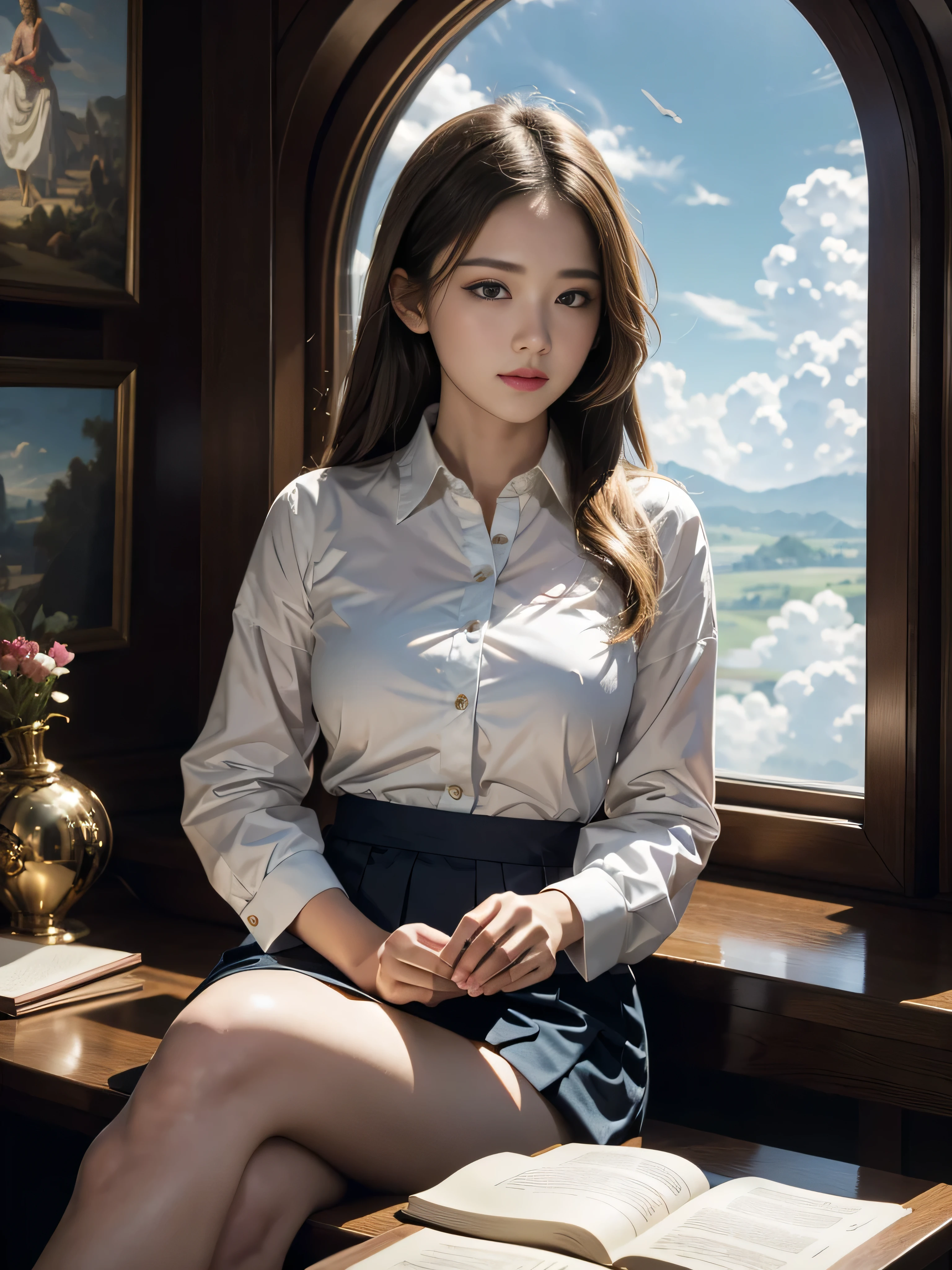 (best quality, 4k, Masterpiece, Ultra detailed, hyperrealism, RAW quality), young girl, sitting reading book, luxurious private yet, oval windows with cloud view, flying saucer between clouds.