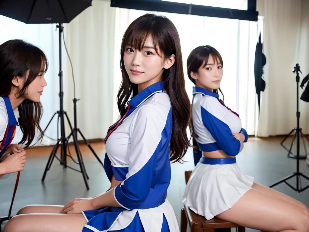 A live-action photo of an extremely beautiful Japanese high school girl race queen who highlights her large breasts and beautiful legs.、Wearing cosplay cheerleader uniforms in a photo studio and taking promotional photos for compensated dating、She is an eternal idol who combines a clean look with modern charm.。 She creates such beauty。 She feels her own warmth。 She creates a warm atmosphere。 We create beauty。 That's what I want to say。 In her full body photo、The figure features porcelain-like skin and golden hair that radiates a soft glow.。 This is probably、It captured the essence of her timeless charm.、This is the best shot ever.。 Each straight line and curve is carefully expressed.、Breathtakingly beautiful with impeccable detail。 This piece perfectly captures her timeless beauty.。 Divine Proportions、Sharp focus、Full-body photo taken by Kishin Shinoyama、high quality、High resolution、Detailed Background