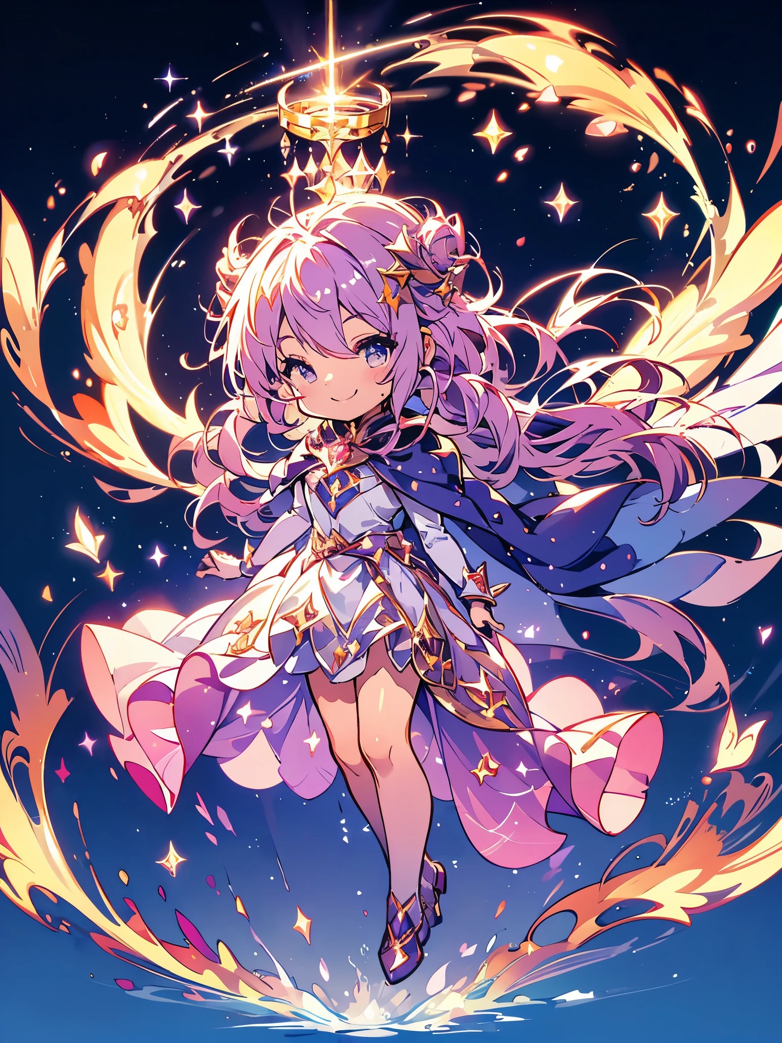 chibi, magician, Lumiere, brilliant smile, fly, Lancer, fully body, (((gigantic cape moving with the character floating from the ground)))