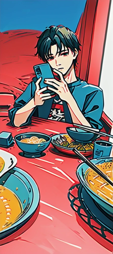 masterpiece，best quality，High Detail，A Chinese boy takes a photo of a bowl of soup, eat, He was about 18 years old, cai xukun, eat noodles, exclusive, He was about 18 years old, He was about 18 years old, 