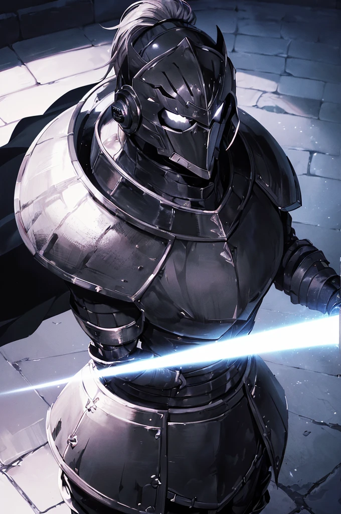 (masterpiece; best quality: 1.2), ((full armored knight man)), ((solo)), (black eyes: 1.4), (body; toned, lean, masculine: 1.3), (beautiful and clear background: 1.2), ((depth of field)), (equipment: full plate all-dark black-zirconium realistic armor + closed helmet with ponytail + black cape: 1.3), (anime illustration: 1.2), (background composition; royal chambers + furniture: 1.1), (extremely fine and handsome: 1.1), (shot composition; standing + centered on torso + close-up: 1.5)