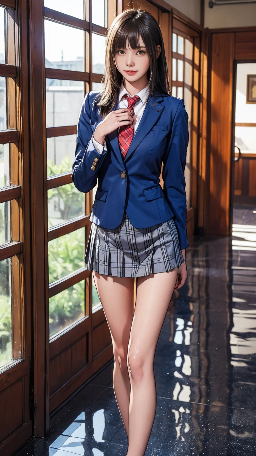 17 age, Korean Women、Kpop Idol、blazers、neck tie、a miniskirt、Sit on a stool、((Spread your legs apart))、((The skirt flips up))、((Blue underwear is visible)), long scattered blonde hair、large full breasts、skiny、full body Esbian、Hands on the head、Hyper-detailing、masterpiece、perfect bodies。