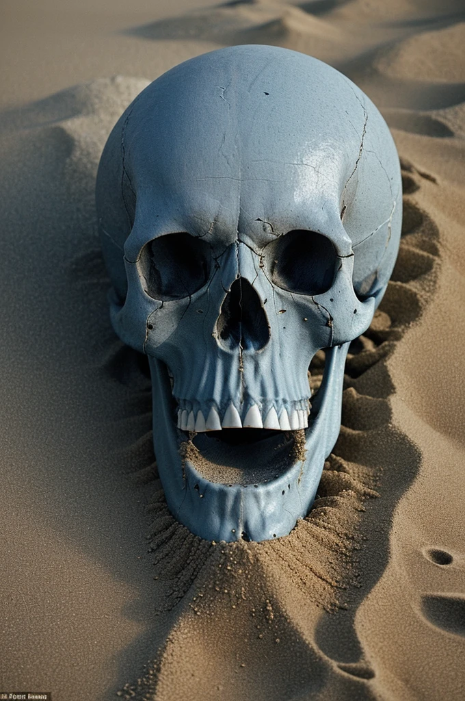 The skull is in the foreground, standing out against a background that represents the waves of the sea in navy blue tones. Sand is subtly integrated around the base of the skull, creating a visual connection with the beach and coastal environment