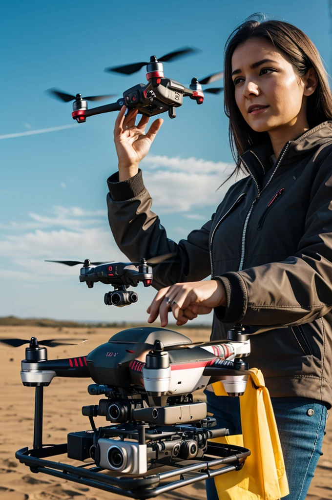 personal shoulder-mounted aircraft, mini helicopter-pack behind a woman’s shoulders with a propeller above her head and control levers in her hands, complex mechanism for flight,