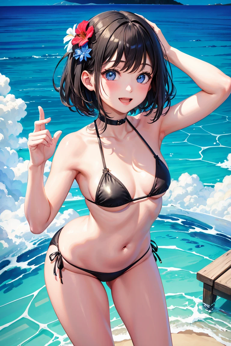selfie,Beautiful illustration、masterpiece, top-quality , from above, 1 girl,A Cute 、mini girl, 4th grade elementary school student、small breasts, make up, standing, smile, open mouth, (black hair), hair flower, short hair ,blue eyes、(red microbikini), lovely thighs、glowing thigh, shinyskin, sexy,