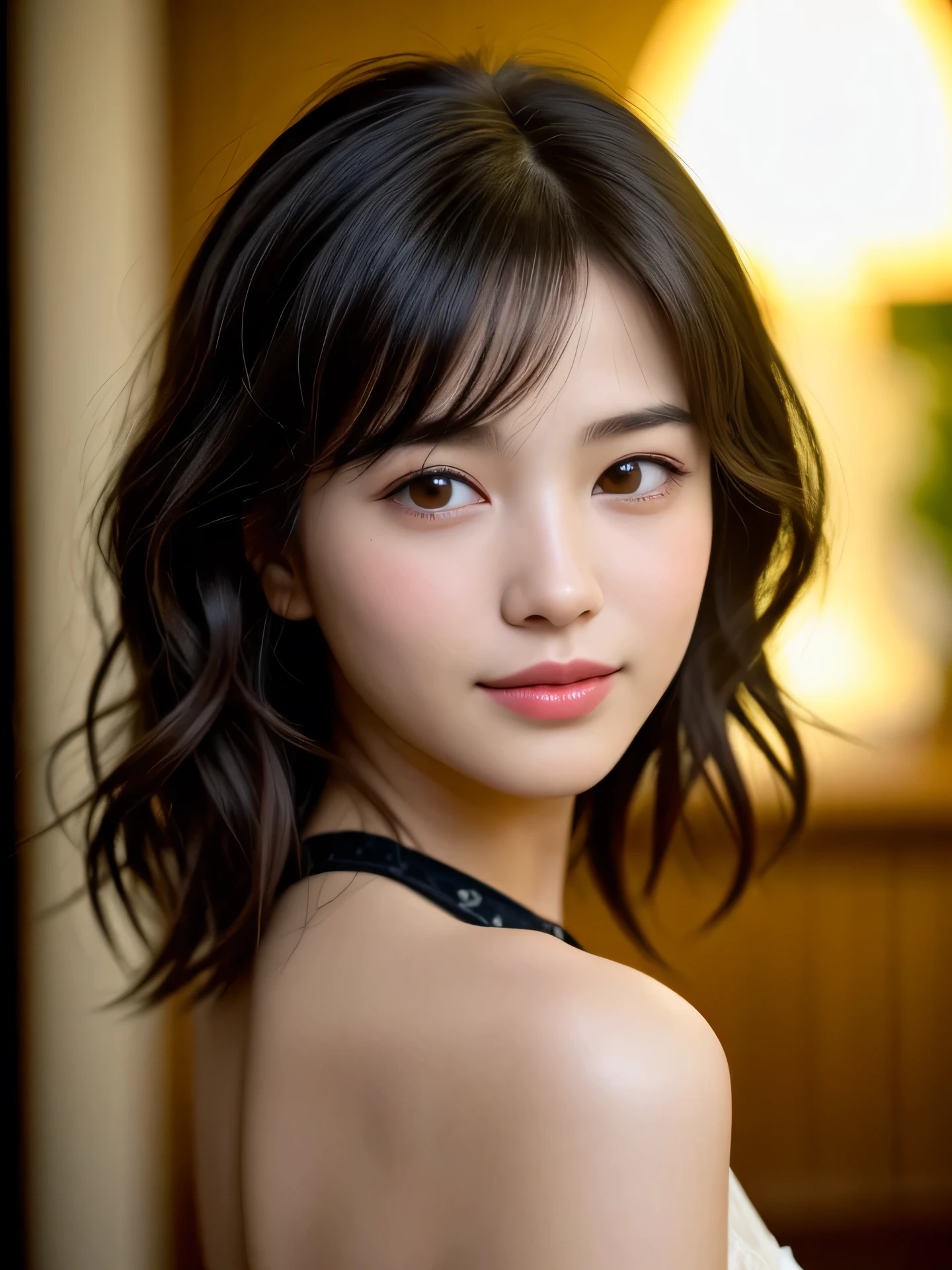 (Photo Real:1.4), (hyper realisitic:1.4), (Smooth lighting:1.05), 1 girl, so embarrassed that I instinctively turned face away, open your mouth to say something, Close-up of the face, Soft lighting, Back lighting, (cheerfulness:1.2), (Finest Real Textured Skins), Narrow-eyed, Super fine face, glowy skin, retinas, Anatomically correct, acurate, (Wavy medium Hair:1.1), Textured skin, High quality, high details, Best Quality, High resolution, indoor,