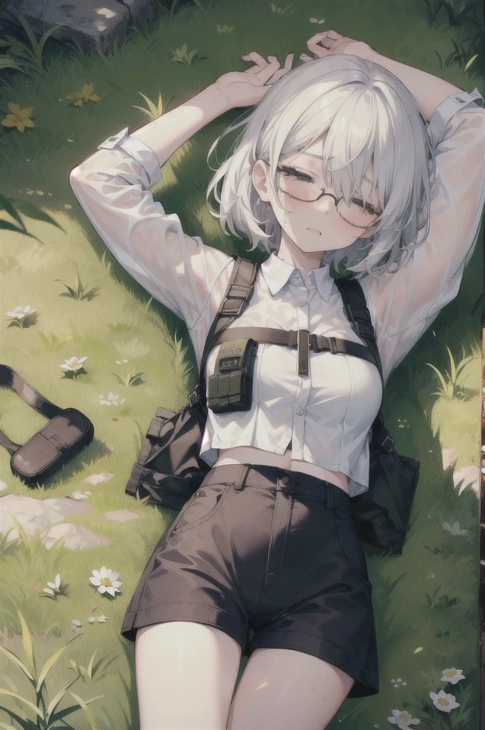 ((high quality)), ((masterpiece)), 8k, slim sleepy army girl, white hair, round circular eyeglasses, head set, white cropped shirt, wet clothes, shorts, bulletproof vest, lying down on the ground, grassy land, arms up, 1arm stretched up, closed eyes, ahegao mouth, ((sleepy facial expression)), ((blank stare)), ((head facing right side)),