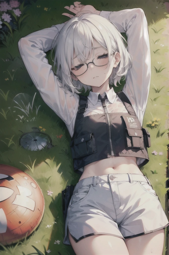 ((high quality)), ((masterpiece)), 8k, slim demon girl, white hair, ((red colored skin)), red short horns, wearing brown torn crop top, wearing torn brown shorts, exhausted, tired, extremely sweaty, sweaty, sweating body, lying down on the ground, grassy land, arms up, 1arm stretched up, closed eyes, ((sleepy facial expression)), ((blank stare)), ((head facing right side)), 